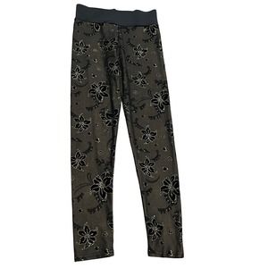 Black Over Nude with Velvet Gold Trim Floral Print Leggings, Size S/M